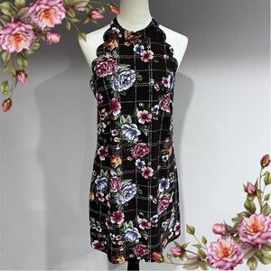 Juniors halter floral plaid print mini sleeveless dress